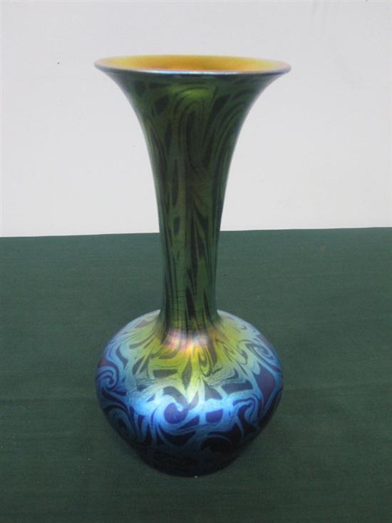 Appraisal: DURAND KING TUT PATTERN ART GLASS VASE Iridescent blue and