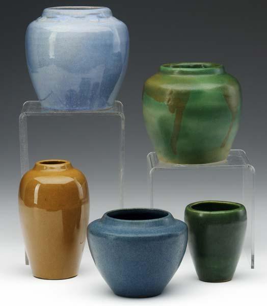 Appraisal: AREQUIPA Five vases covered in varied glazes one with carved