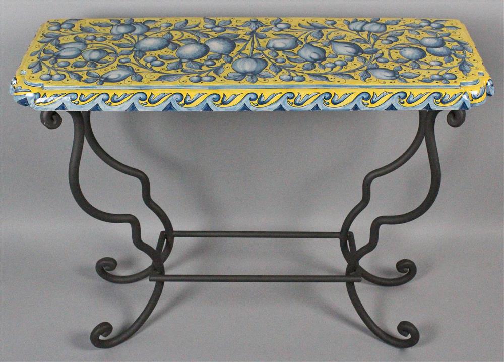 Appraisal: ITALIAN STYLE GLAZED CERAMIC TOPPED IRON CONSOLE TABLE TOGETHER WITH