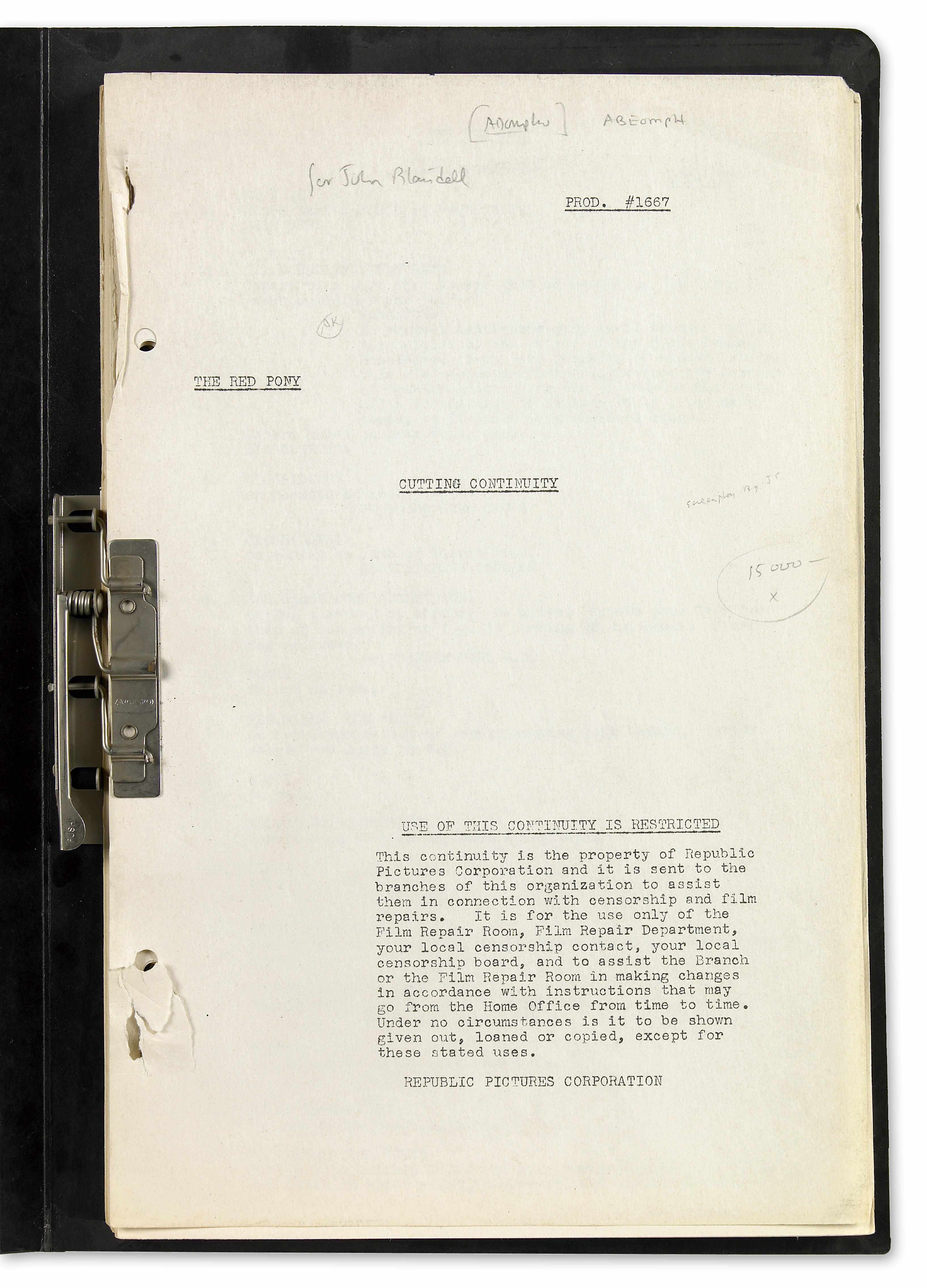 Appraisal: STEINBECK JOHN - Mimeographed Manuscript pp legal folio Los Angeles