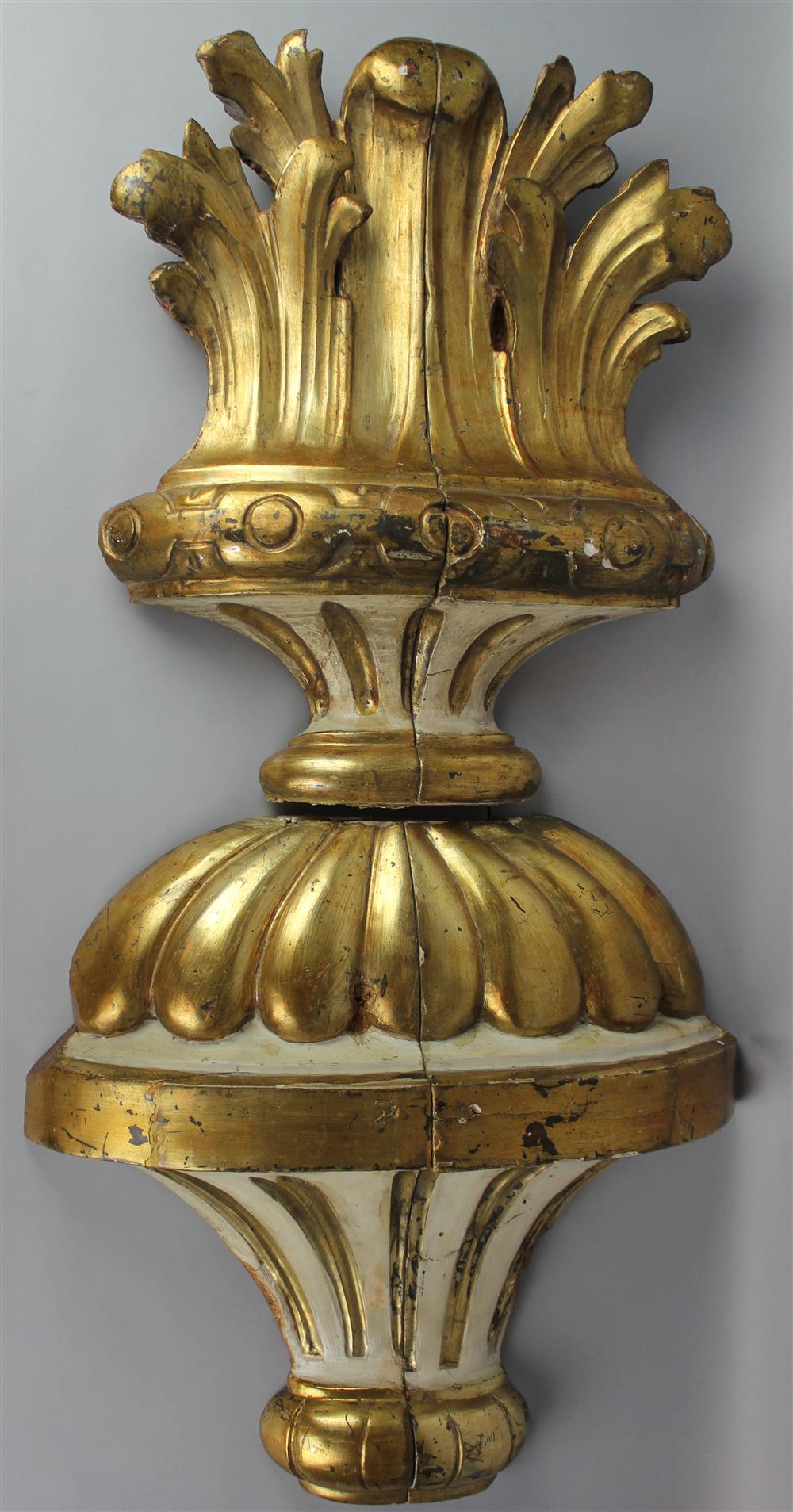 Appraisal: CONTINENTAL PARCEL GILT CARVED WOOD URN-FORM APPLIQUE AND A SET