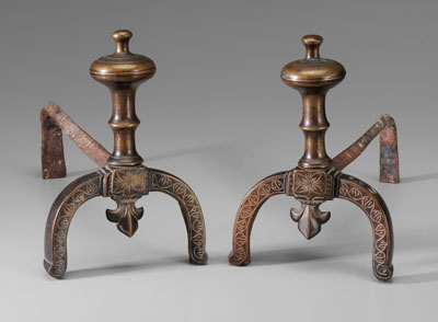 Appraisal: Pair Brass Andirons possibly Middle Eastern th century wrought iron