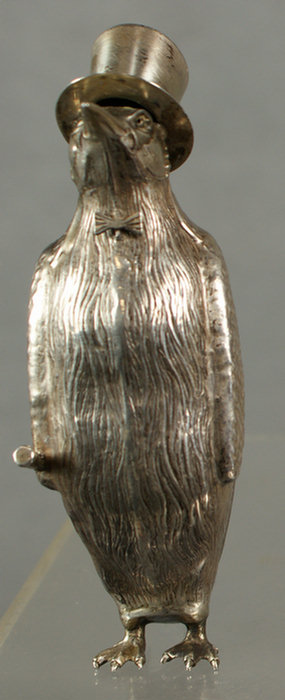 Appraisal: Unmarked low assay silver standing penguin in top hat with