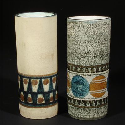 Appraisal: Two Troika Pottery small Cylinder vases painted with geometric bands