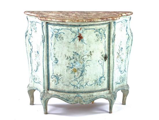 Appraisal: LOUIS XV PAINTED AND FLORAL-DECORATED BOMBE COMMODE th century Molded-edge