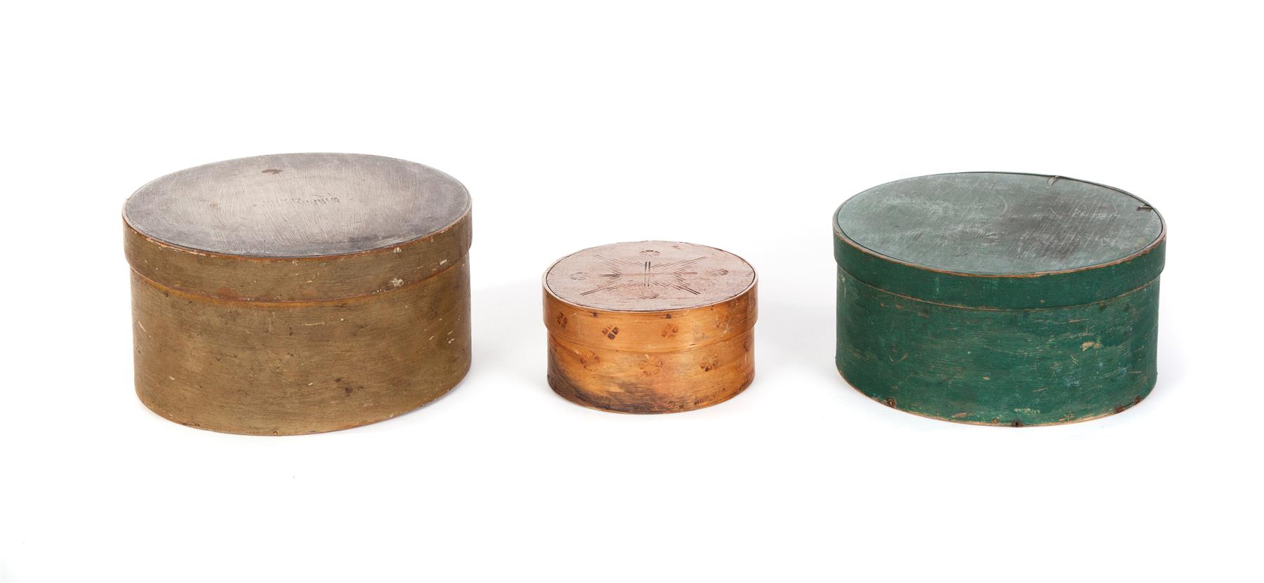 Appraisal: THREE AMERICAN PANTRY BOXES Late th- th century Lapped seams