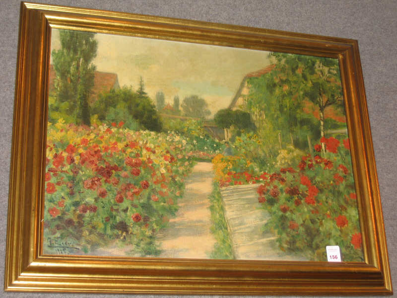 Appraisal: A EGER EARLY TH CENTURY Impressionistic garden setting oil on