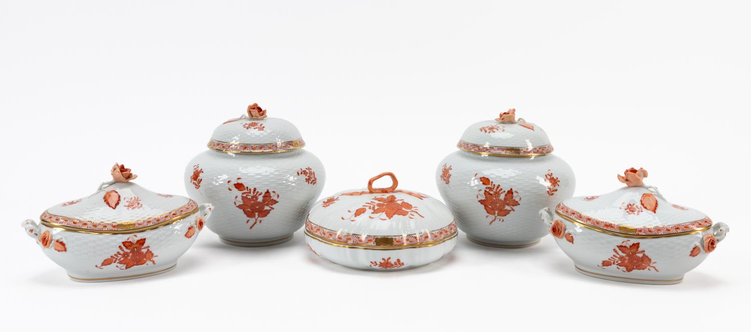 Appraisal: PC HEREND RUST CHINESE BOUQUET CANDY JARS Herend Hungarian group