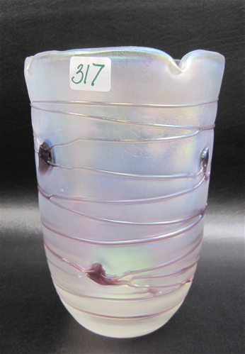 Appraisal: AMERICAN STRETCH GLASS VASE iridescent clear with purple threading and