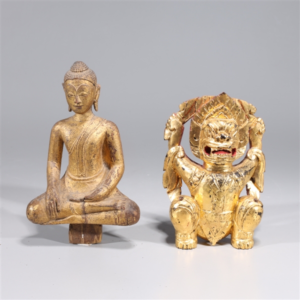 Appraisal: Two antique Sino-Tibetan gilt carved wood figures including one Buddha