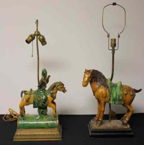 Appraisal: Two Antique Sancai Type Chinese Lamps Includes a horse and