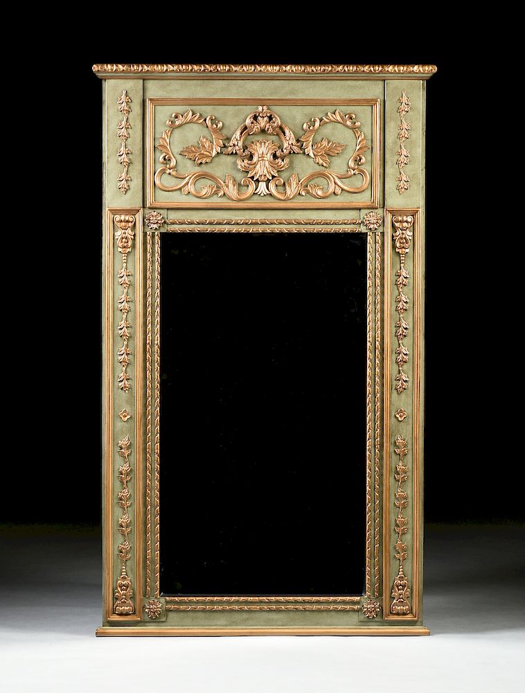 Appraisal: A NEOCLASSICAL REVIVAL STYLE GOLD AND GREEN PAINTED TRUMEAU MIRROR