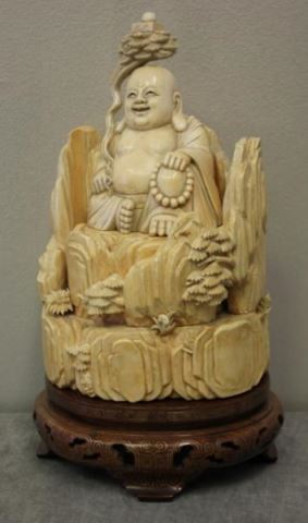 Appraisal: Antique Vintage Carved Chinese Happy Buddha Sitting in a mountainous