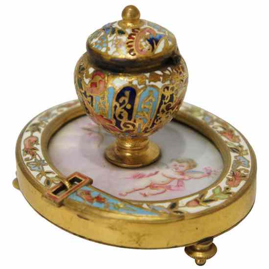 Appraisal: A French Gilt Bronze Porcelain Champlev Encrier circa mounted with