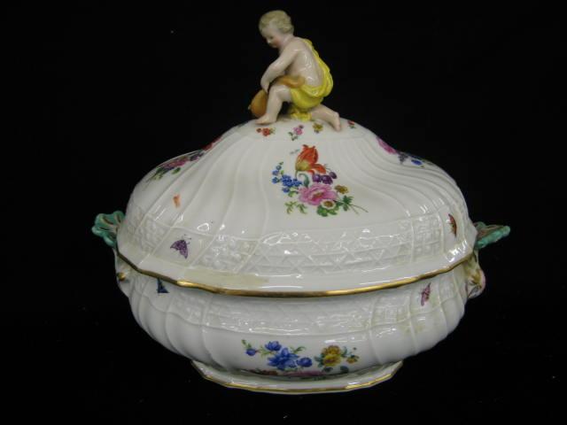 Appraisal: Meissen Porcelain Tureen child cornucopia finial handpainted insect floral crossed