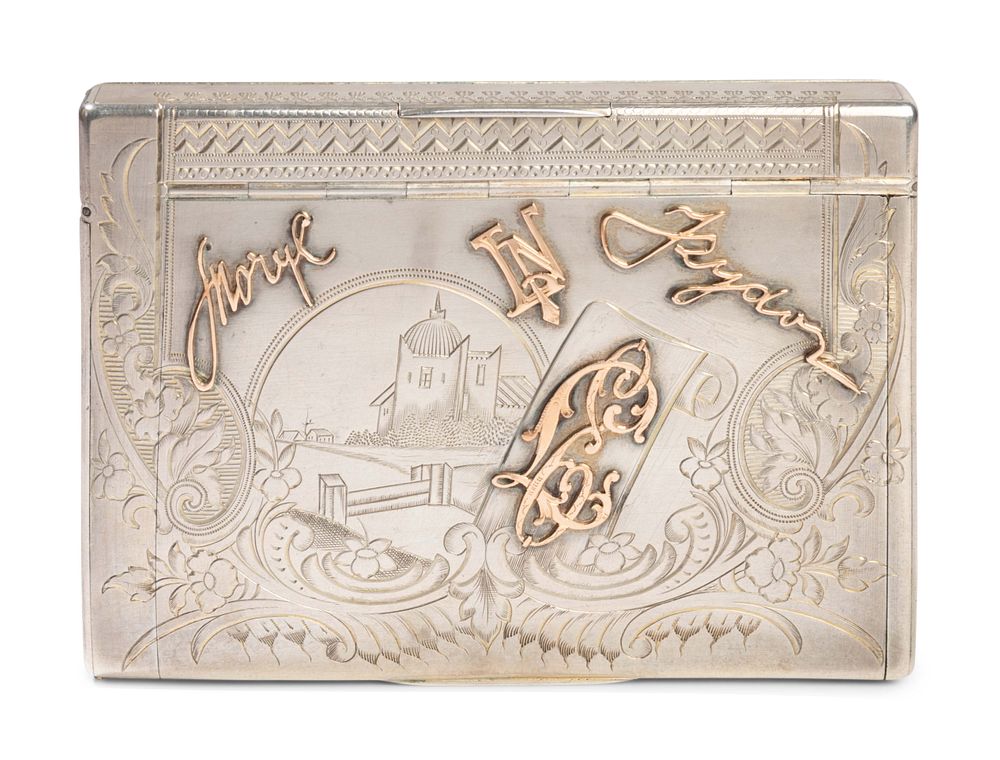 Appraisal: A Russian Gold-Mounted Silver Cigarette Case A Russian Gold-Mounted Silver