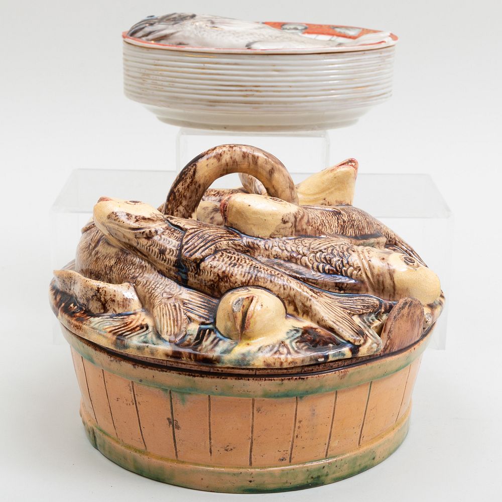 Appraisal: Majolica Basket of Fish Form Dish and Cover and a