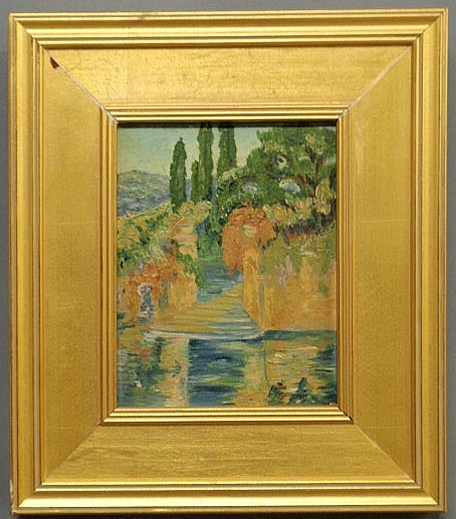 Appraisal: Oil on board painting of a garden scene California school