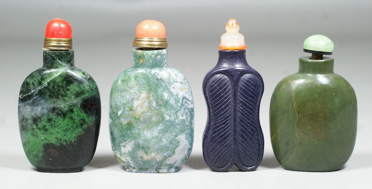 Appraisal: Chinese green and dark stone snuff bottles coral jade other