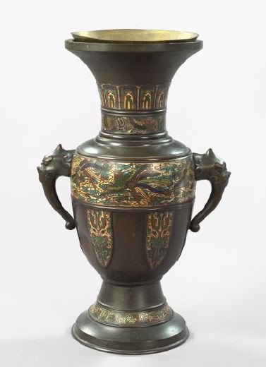 Appraisal: Monumental Japanese Meiji Patinated Bronze and Champleve Enamel Chimera-Handled Vase