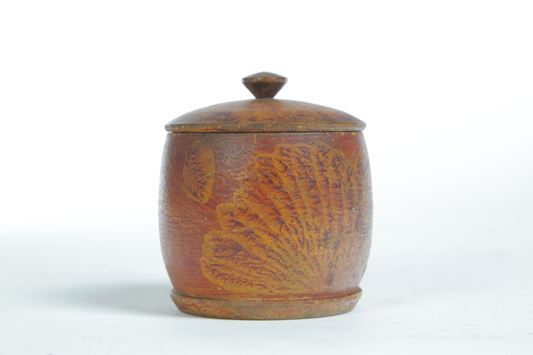 Appraisal: AMERICAN DECORATED TREENWARE JAR Mid th century Covered jar with