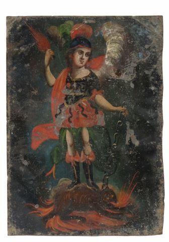 Appraisal: Framed oil on tin retablo Archangel Uriel depicted winged in