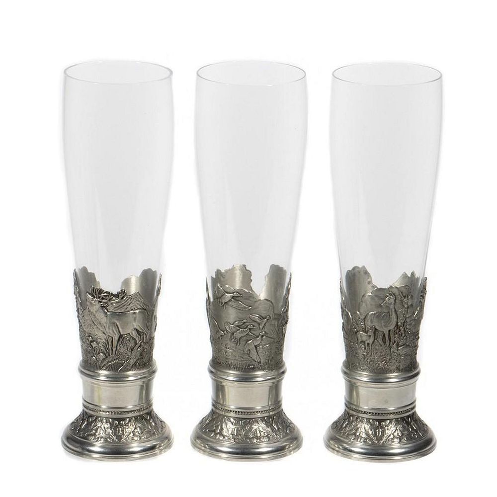 Appraisal: Set of Three Pewter and Glass Champagne Flutes Each with