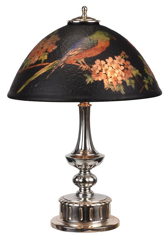 Appraisal: Pairpoint Lamp with Reverse Painted Parrot Shade American early th