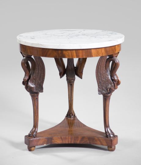 Appraisal: Empire-Style Mahogany and Marble-Top Center Table the circular variegated marble