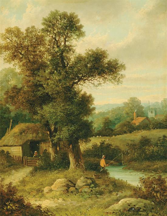 Appraisal: William Henry Yates Sr British - ANGLING BY THE COTTAGEoil