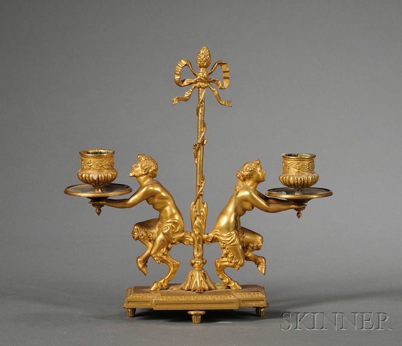 Appraisal: Louis XVI-style Bronze Dore Two Light Desk Candelabrum late th