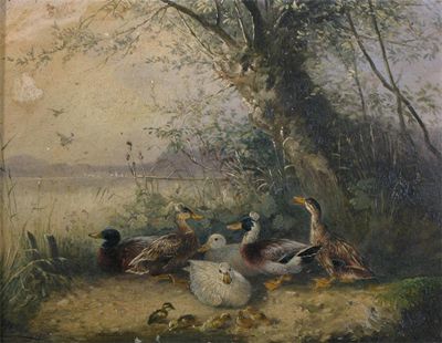 Appraisal: Continental School c Ducks and ducklings by a lake Signed