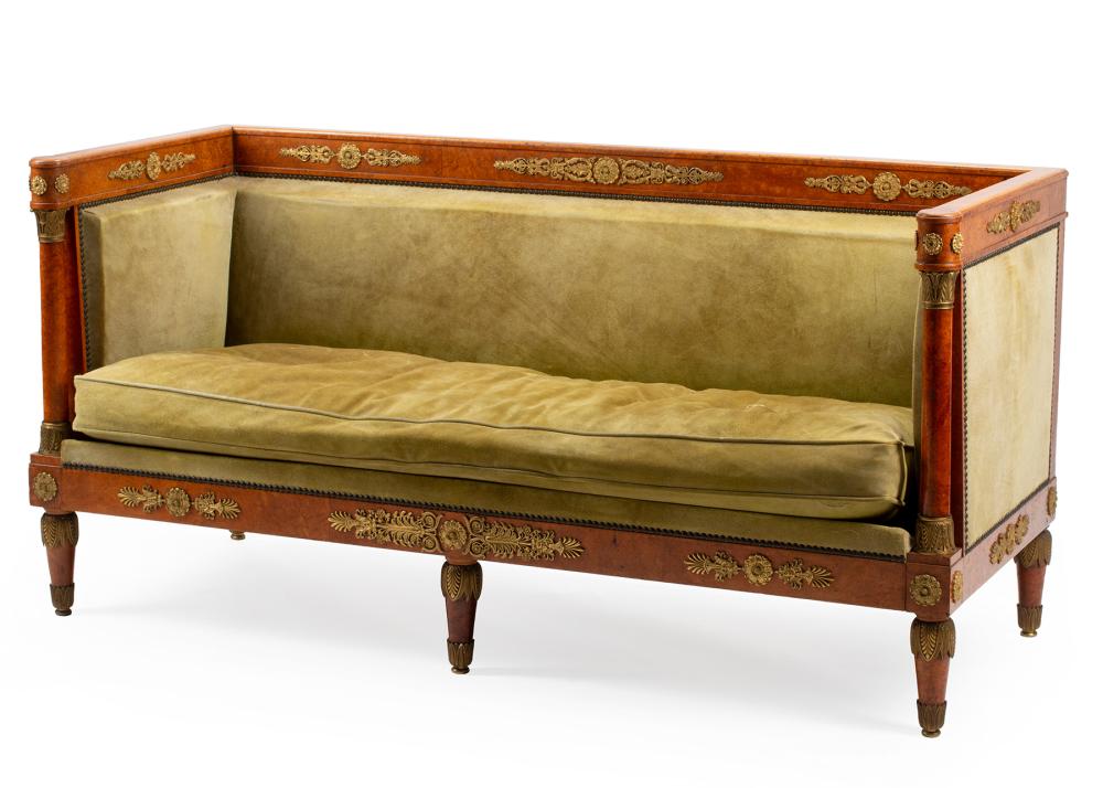 Appraisal: Antique Empire-Style Bronze-Mounted Burlwood Box Sofa crest rail decorated with