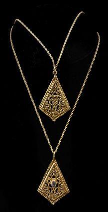 Appraisal: Two Trapezoid-Form Filigree Pendants on Chains