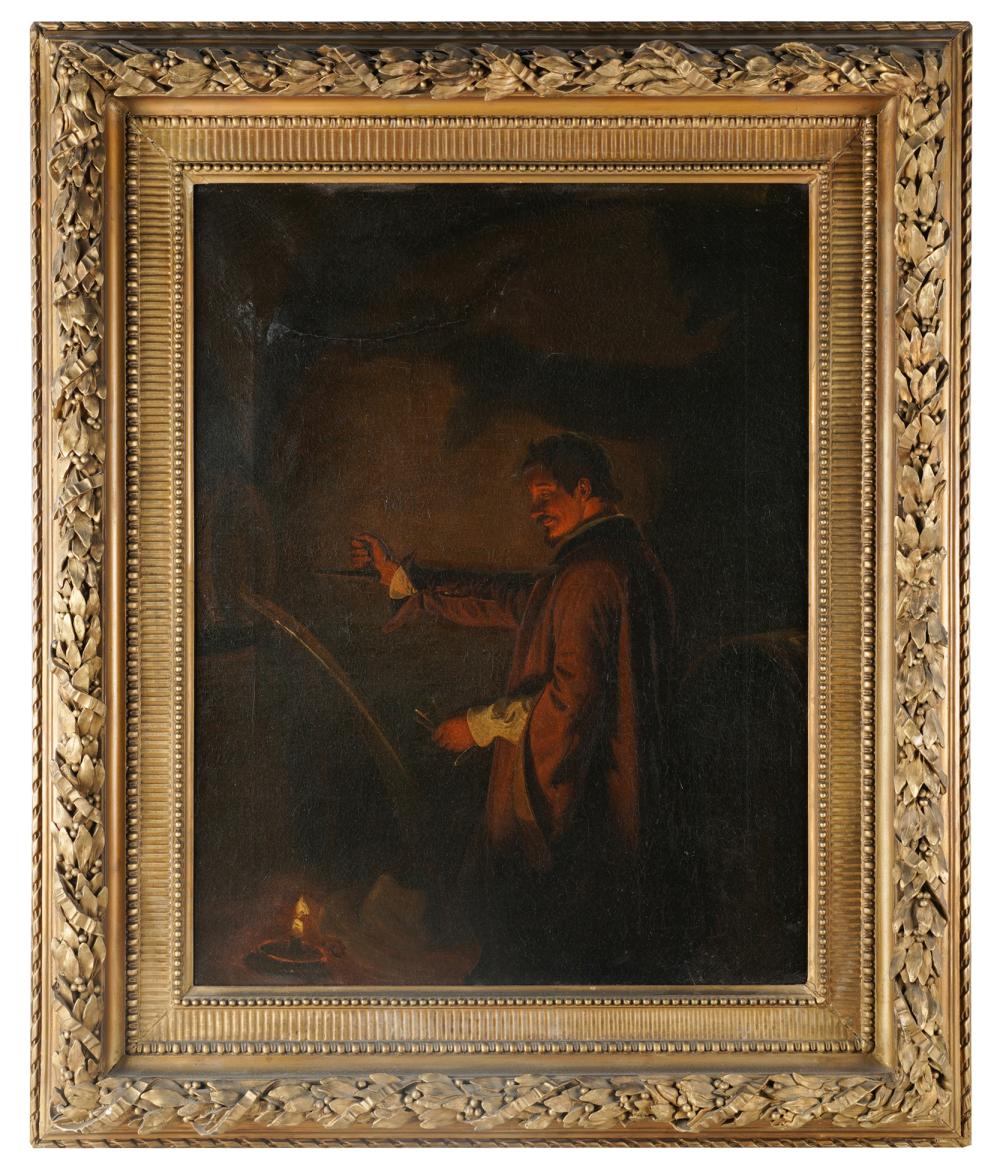 Appraisal: CONTINENTAL SCHOOL MAN WITH WINE CASK BY CANDLELIGHToil on canvas