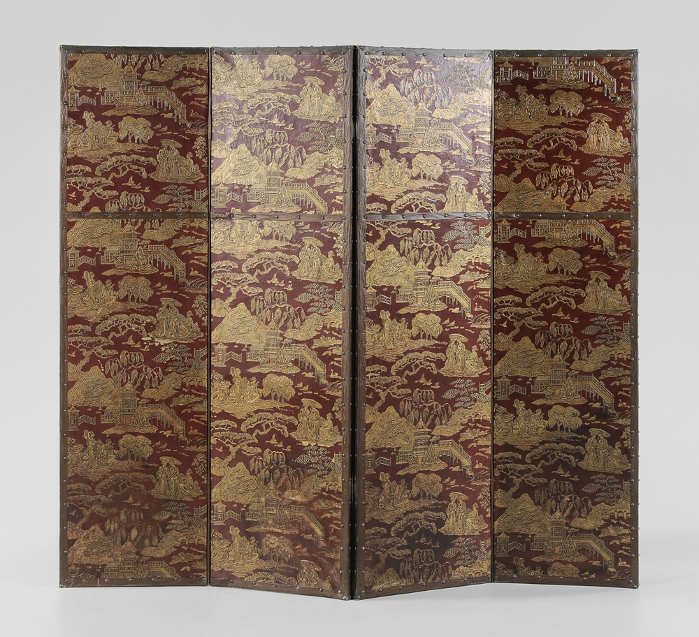 Appraisal: Chinoiserie Tooled and Painted Leather Four-Panel Room Screen late th