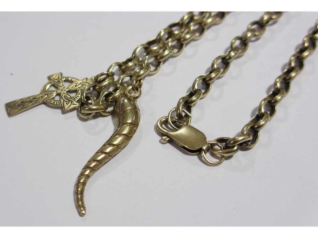 Appraisal: Nine carat gold belcher link neckchain with horn of plenty