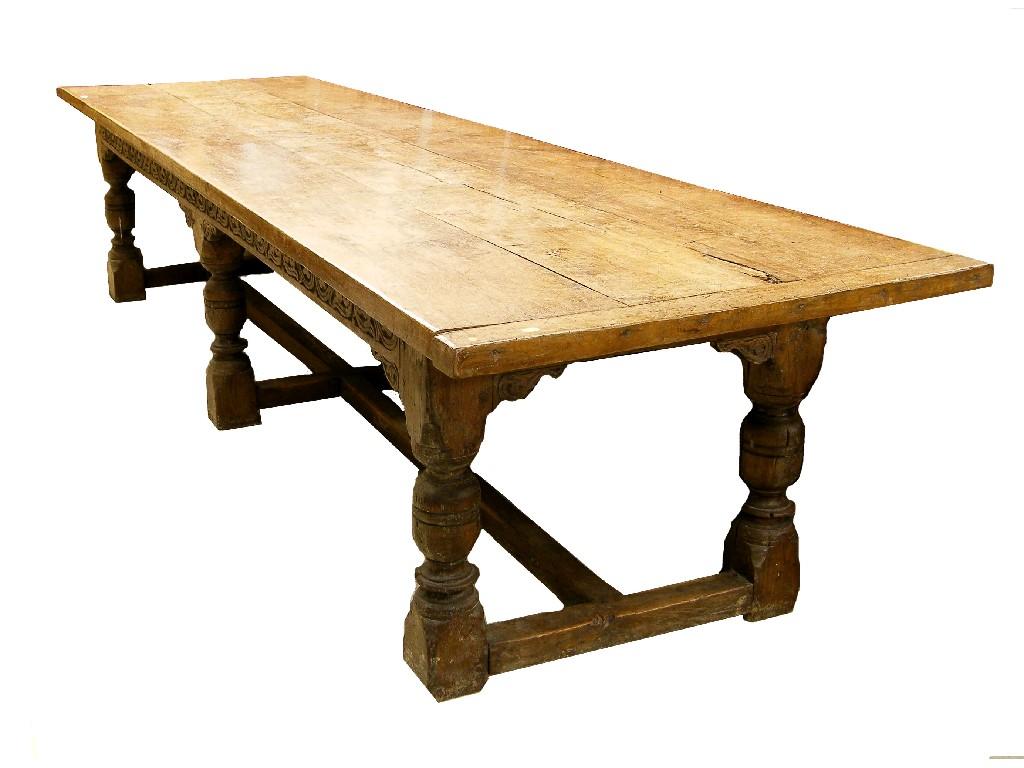 Appraisal: Good large th century style oak trestle table the triple