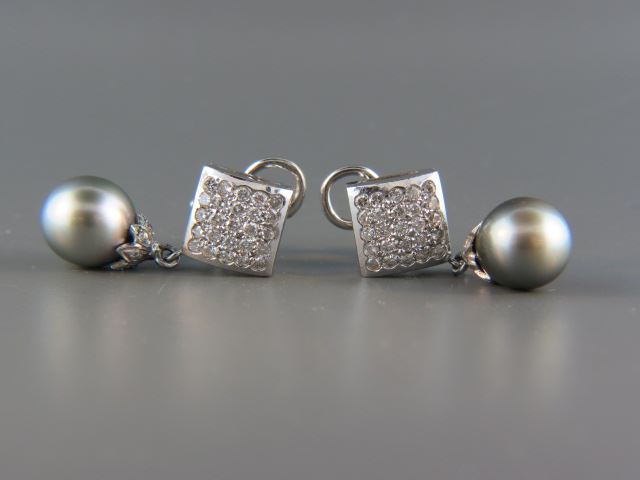 Appraisal: Tahitian Pearl Diamond Earrings silver black mm pearls and round