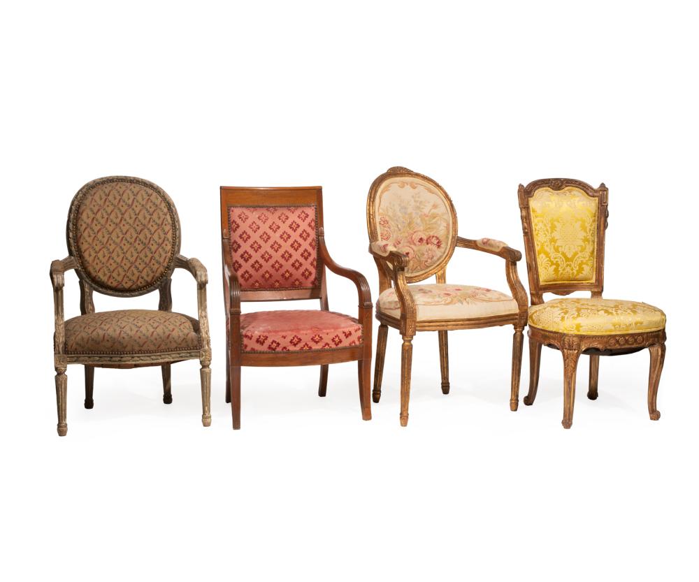 Appraisal: Four Antique French Chairs of various styles armchair h in