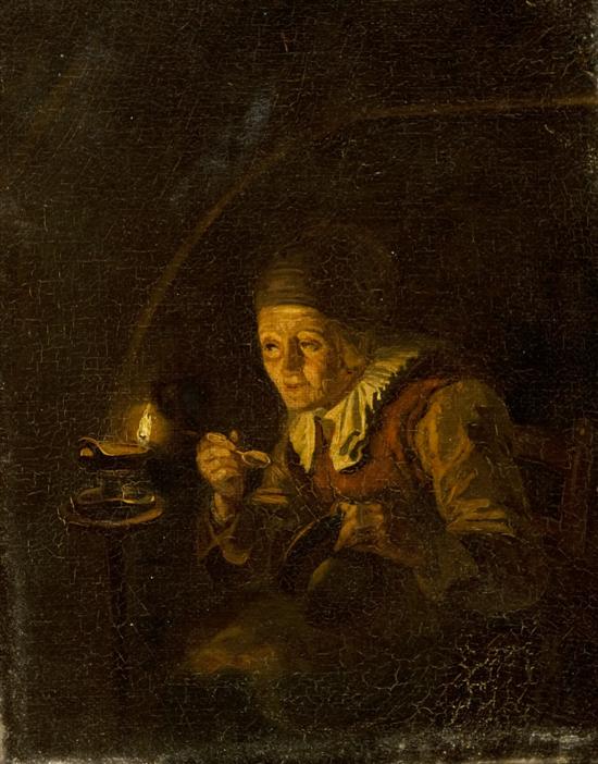 Appraisal: Oil on board of a woman eating by candlelight th