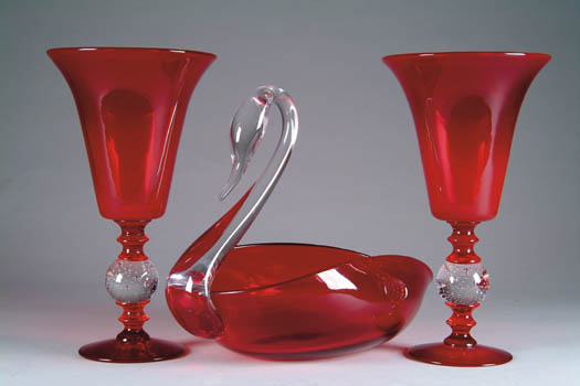 Appraisal: FINE THREE PIECE RED AND CLEAR GLASS CONSOLE SET Attributed