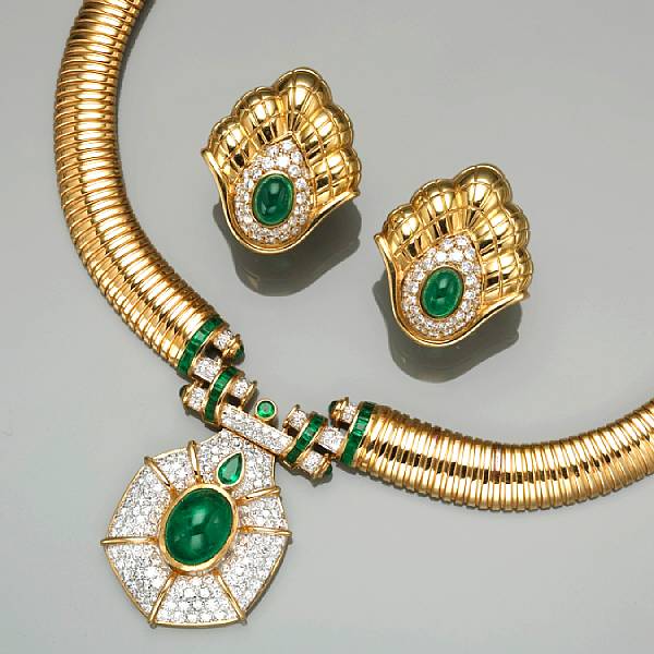 Appraisal: An emerald diamond and k gold tubogas necklace together with