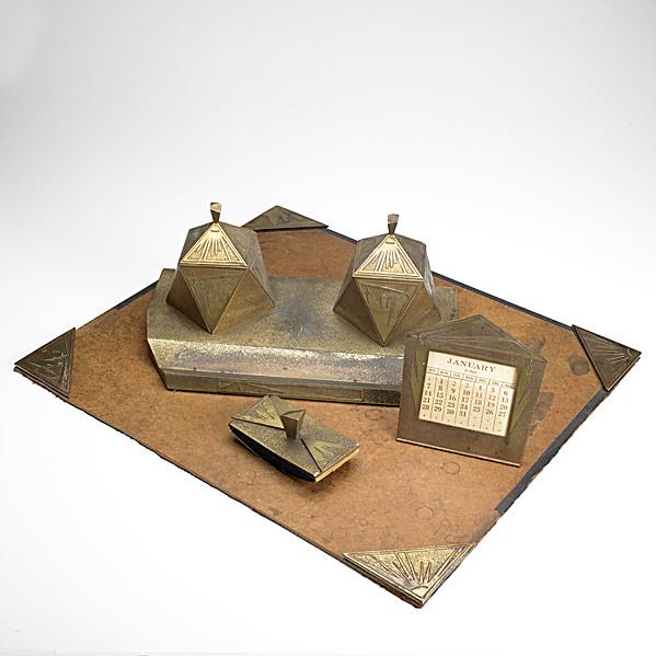 Appraisal: SILVER CRESTArt Deco acid-etched bronze seven-piece desk set with cityscapeStamped