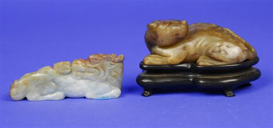 Appraisal: TWO CHINESE CARVED HARDSTONE FIGURES OF RECUMBANT ANIMALS length of