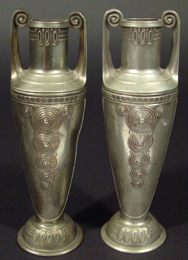 Appraisal: Pair of Art Nouveau silver plated Romanesque vases with relief