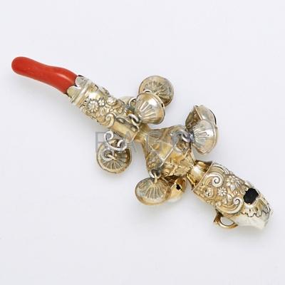 Appraisal: AMERICAN SILVER AND CORAL BABY RATTLE TH C Knopped whistle