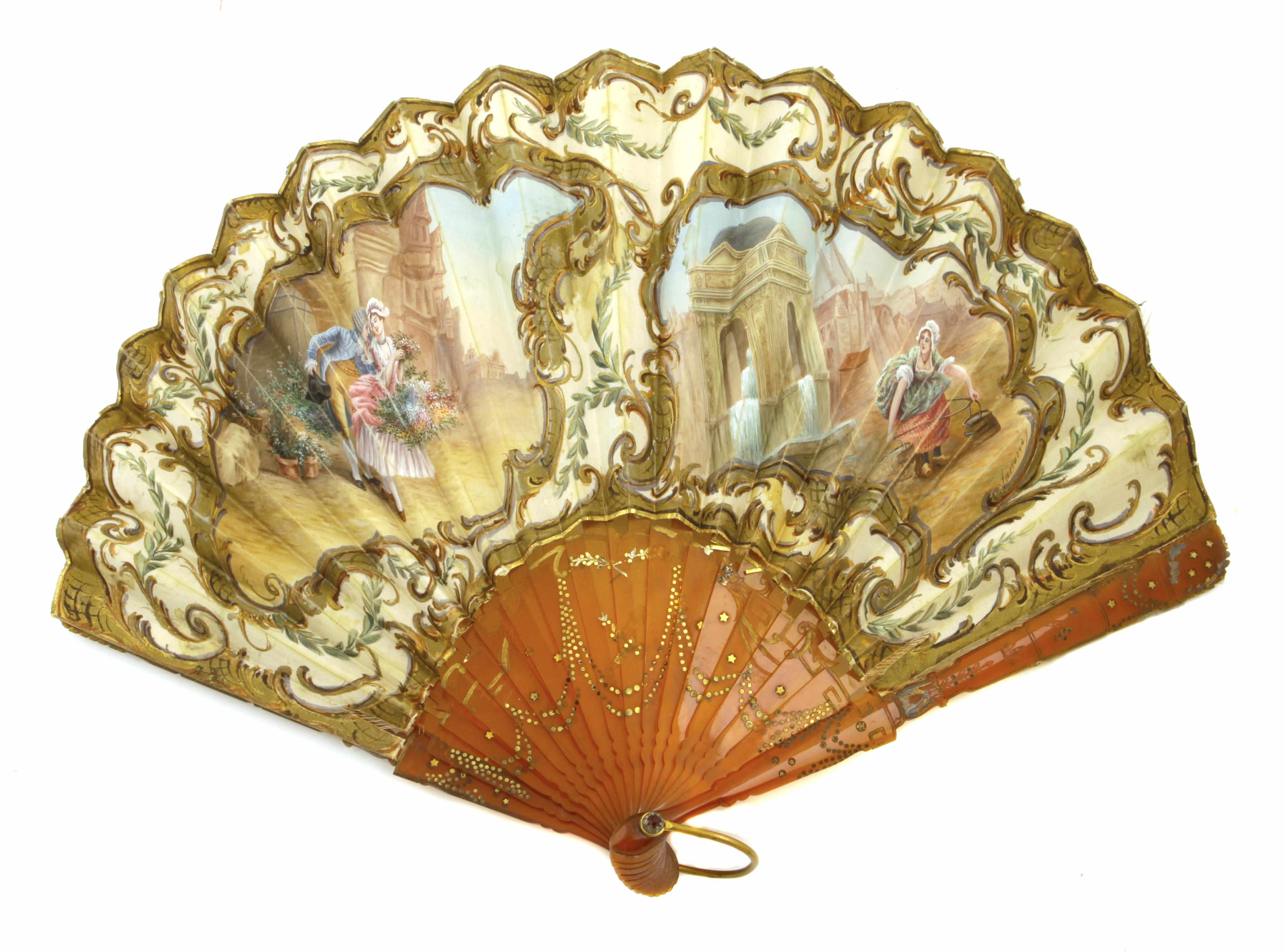 Appraisal: A fabric and resin fan opening to reveal imagery of