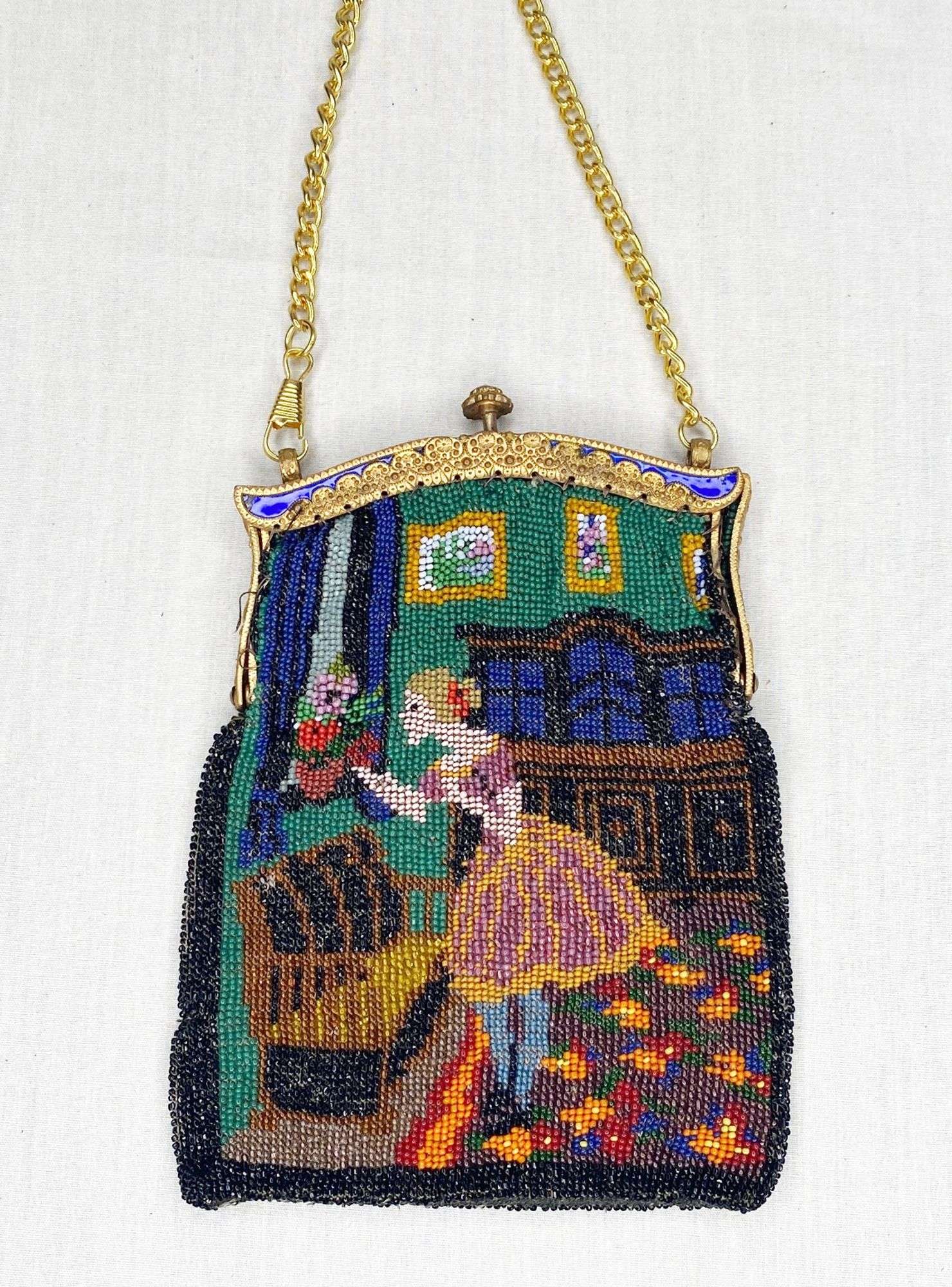 Appraisal: Micro Beaded Hand bag with Parlor Scene and Enameled Frame