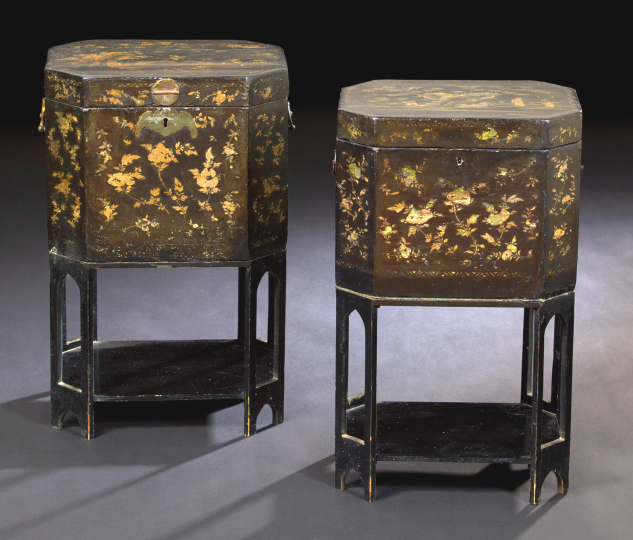 Appraisal: Pair of Chinese Black-Lacquer and Abalone-Inlaid Octagonal Chests on Stand